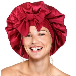 Silk Double Layer Satin Hair Bonnet with Elastic Tie Band  Curly Hair Red Wine
